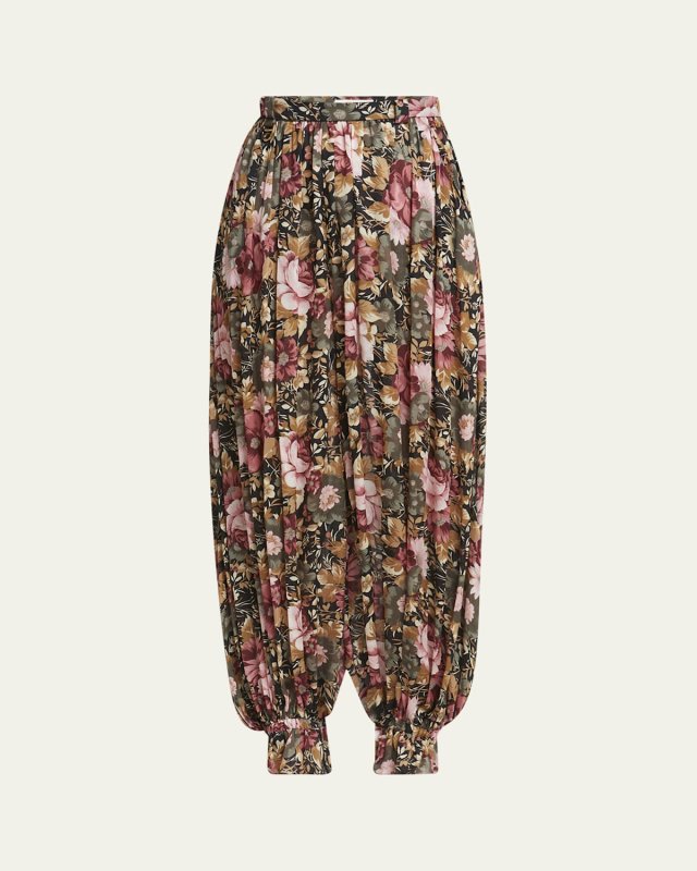 Floral Pleated Silk Pants